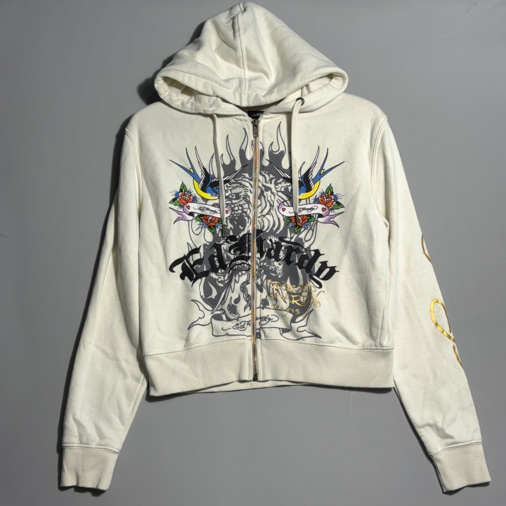 Ed Hardy Y2K Hoodie Womens Size Medium Love Kills Slowly Tattoo Cyber Punk